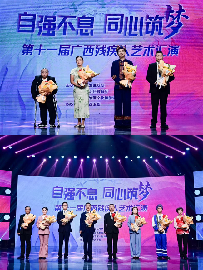 图为全国自强模范和和助残先进集体代表参加汇演并接受访谈